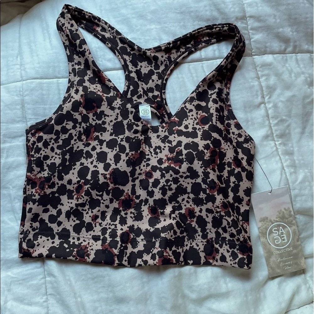 NWT Sage Collective Sports Bra Multi Color V neck Race back Keyhole longline Xs